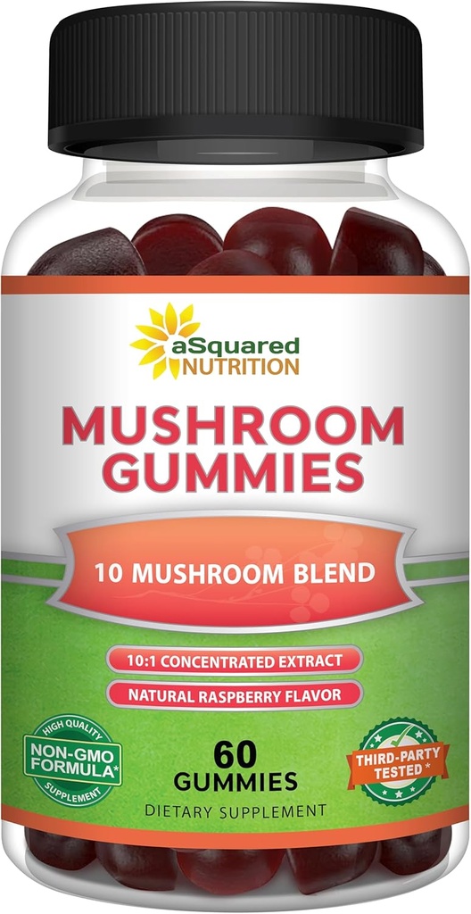 aSquared Nutrition Mushroom Gummies - 10x Complex Supplement - Lions Mane, Turkey Tail, Reishi, Cordyceps, Chaga - Energie, Fokus, Immununterstützung für Herren & Frauen - Ersetzen Sie Pulver, Kapseln & Pillen