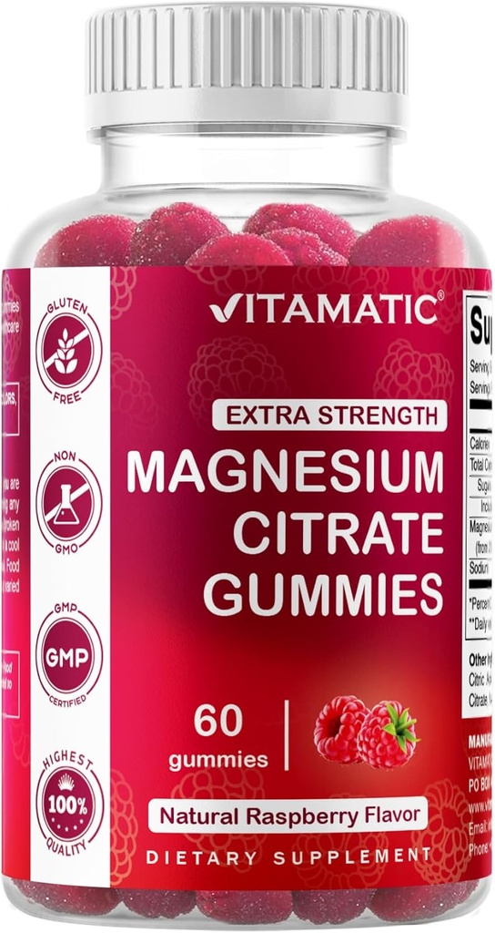 Vitamatic Extra Strength Magnesium Gummies – 255 mg Elemental Magnesium per Servieren – 60 Gummi (2-Pack) unterstützt Entspannung, Muskelfunktion, Knochengesundheit & Energie – Vegan, Non-GMO, Glutenfrei