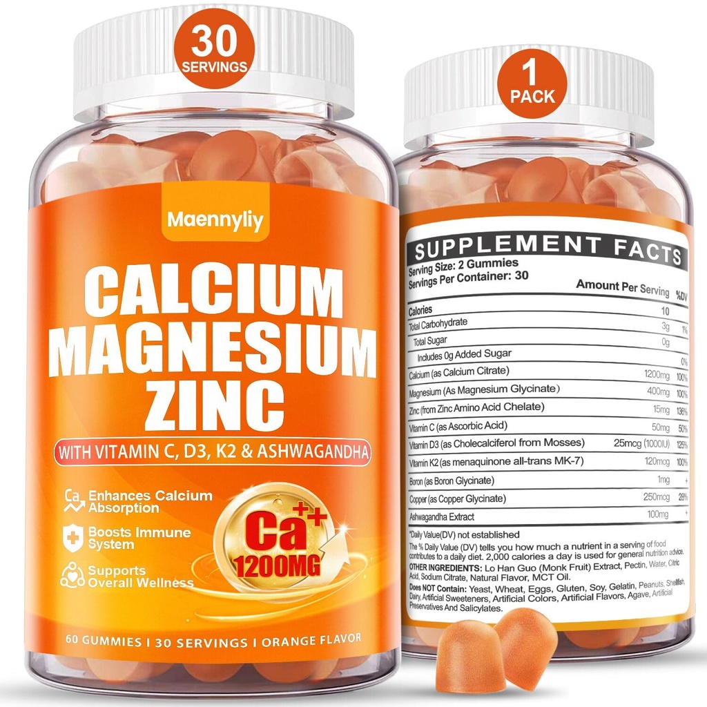 Calcium 1200 mg mit Vitamin D3 Gummi für Erwachsene - Calcium Citrat mit Vitamin D3 K2, Magnesium, Zink, Boron, Kupfer und Ashwagandha - Extra Absorption Kalzium Beilage für Frauen Männer
