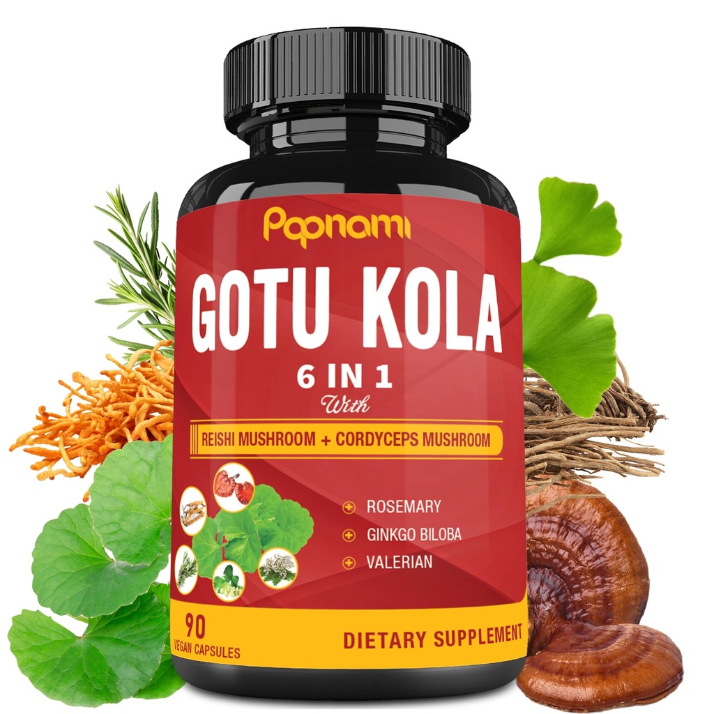 Organic Gotu Kola Extract Capsules with Reishi, Cordyceps, Rosemary, Gingko Biloba & Valerian Root - 90 Counts for 3 Months