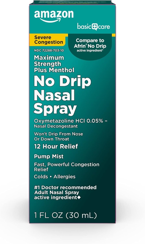 Basic Care No Drip Severe 12 Hour Nasal Decongestant Pump Mist, Steroid Free, Maximum Strength Plus Menthol 1 fl oz (Pack mit 1)