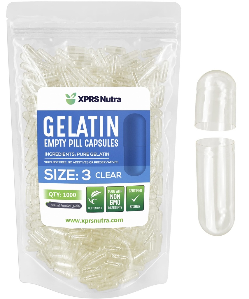 XPRS Nutra Größe 3 Leere Kapseln - 1000 Graf Leere Gelatine Kapseln - Pillen DIY Kapsel Füllung - Klare reine Bovine Pille Gel Cap Fillable für Do-It-Yourself Vitamine und Ergänzungen