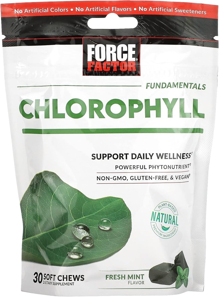 FORCE FACTOR Chlorophyll Weiche Kauen Antioxidantien Ergänzung zu reduzieren Körper-Odor, fördern frischen Atem, Non-GMO, Gluten-frei, und Vegan, Frische Minz-Flasche, 30 Weiche Kauen, Grün