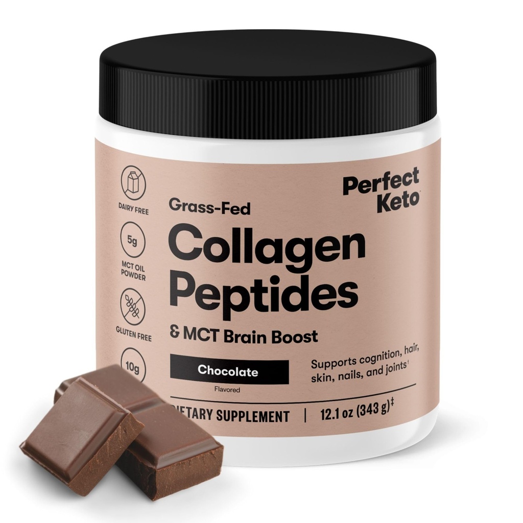 Perfect Keto Collagen Peptides Protein Pulver mit MCT Öl, hydrolysiertes Collagen, Typ I & III Supplement, Glutenfrei, Gras Fed, Low Carb, Keto Coffee Creamer, Kollagen für Damen & Herren, Schokolade