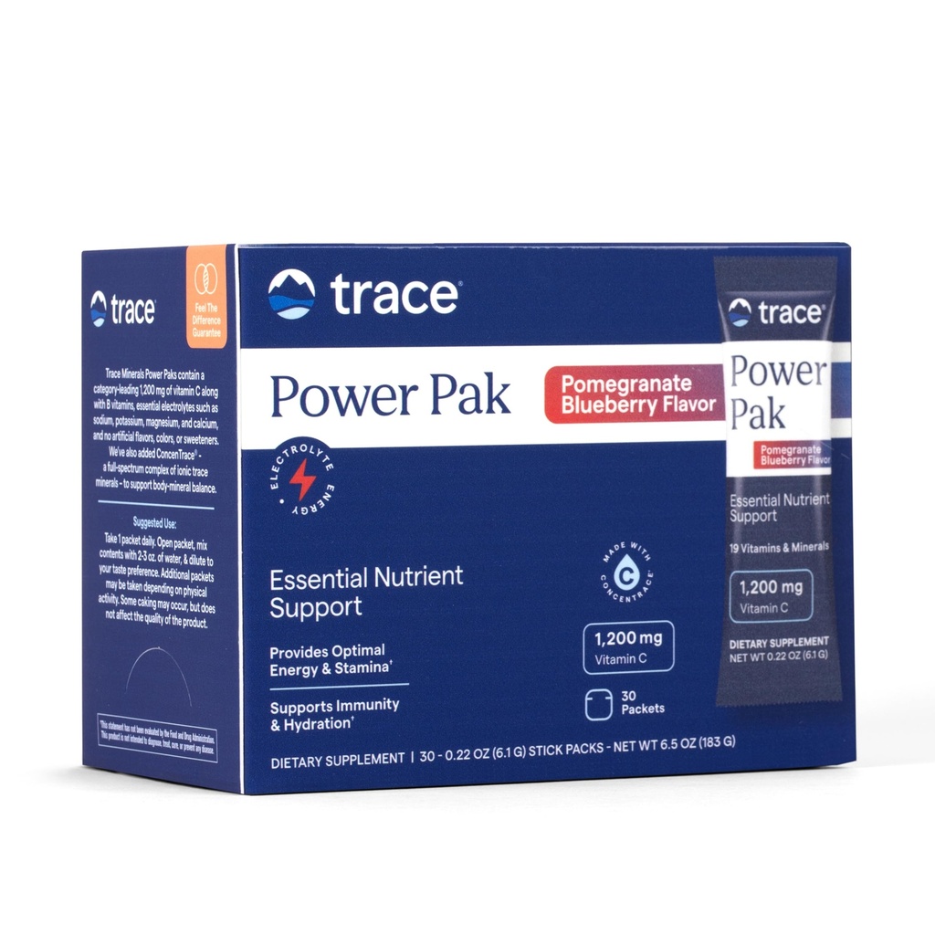 Trace Minerals Power Pak Multivitamin und Multimineral Packets - Elektrolytunterstützung - 1200 mg Vitamin C Plus 70 Granatapfel Blueberry Flavor - 30 Packungen