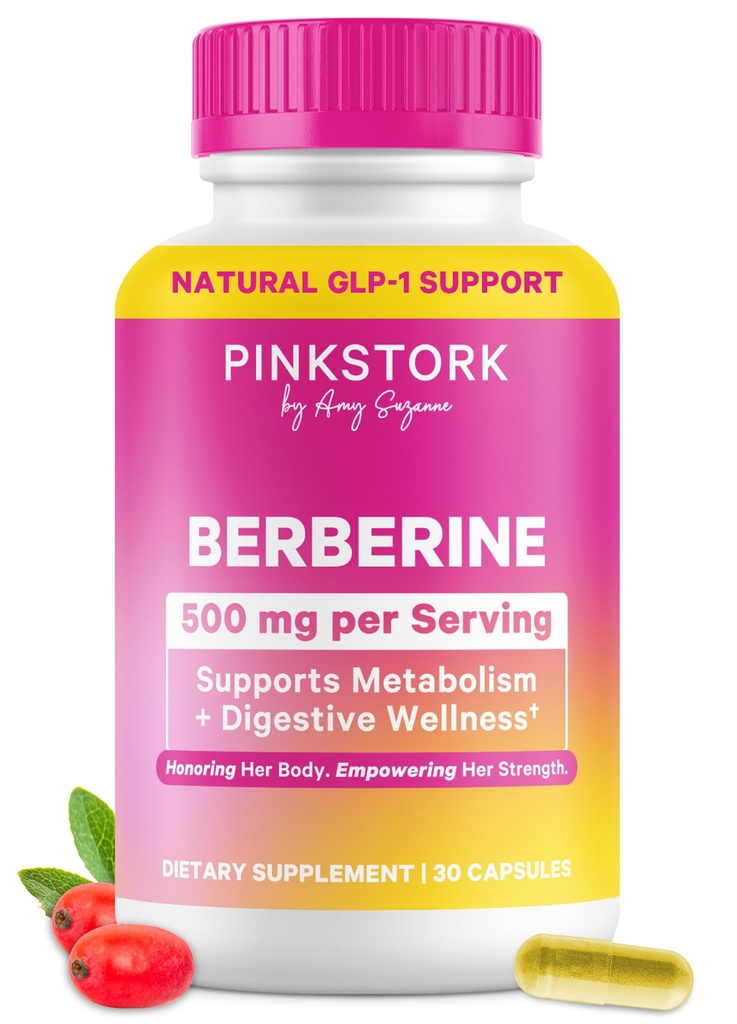 Pink Stork Berberine 500mg - Nature's GLP-1 Supplement - Daily AMPK Metabolic Activator - 500-1000 mg Stoffwechsel + Gut Gesundheit für Frauen | Third-Party Getestet | Vegan | Non-GMO| 30 Kapseln