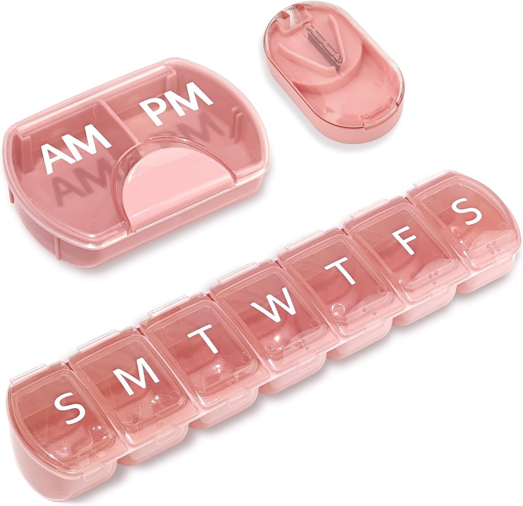 3 Pack (Weekly & Daily), 2 Mal pro Tag (AM/PM) + 7-tägige Pille Organizer + Pille Cutter, Vitamin Planner, Große Kapazität Pille Box Set, Reise Pille Fall für Vitamine /Fische Öle / Ergänzungen, Rosa