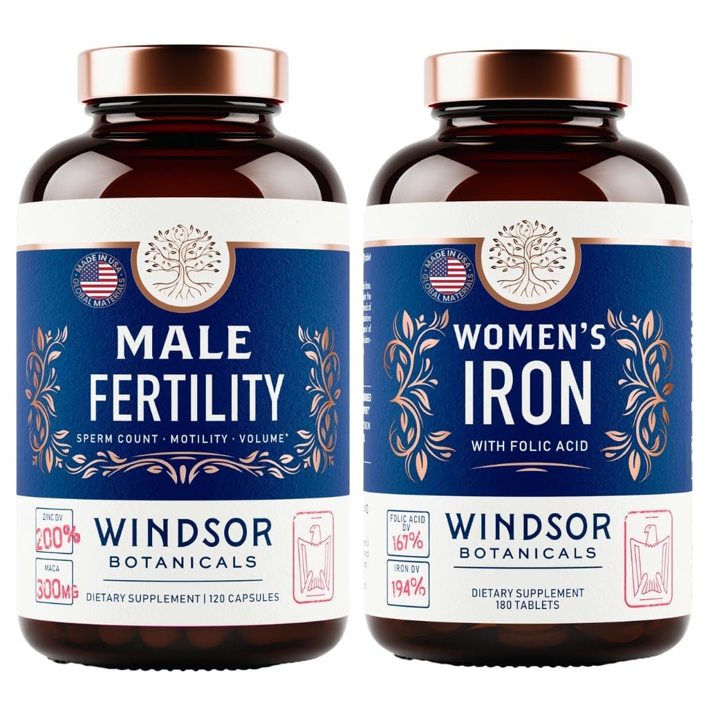 WINDSOR BOTANICALS Male Fertility Supplement und Eisen Pillen mit Folsäure - Fruchtbarkeit und Prenatal Bundle