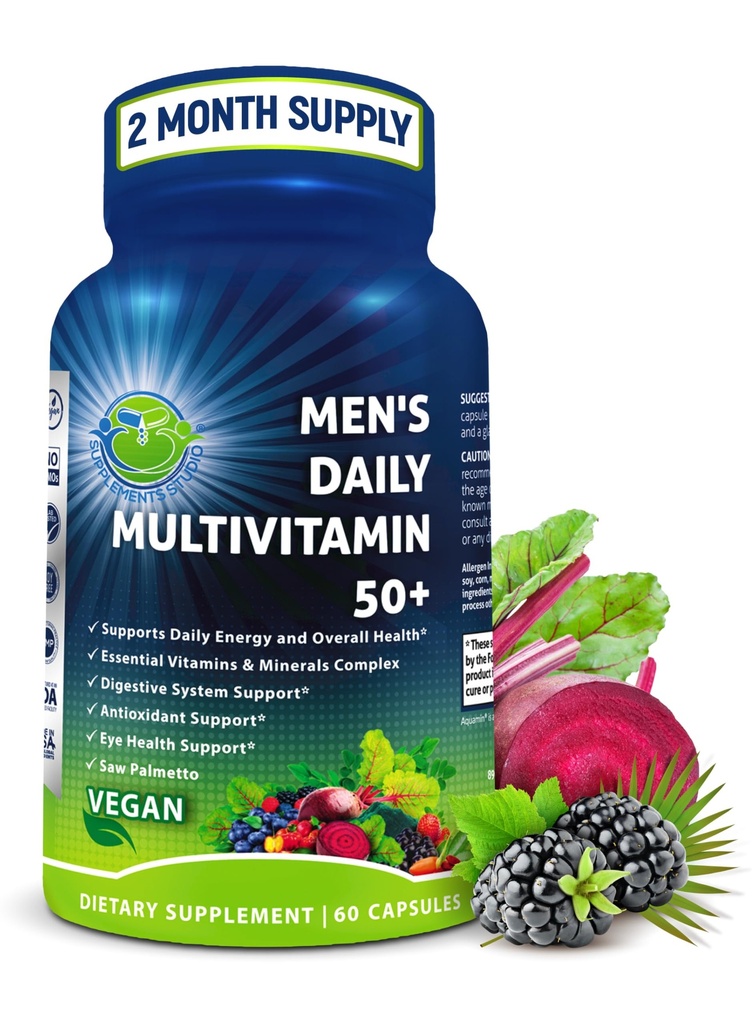 Men's Daily Multivitamin 50 Plus - Vegan Methyliertes Multivitamin für Herren 50 und mehr - Saw Palmetto, Biotin, Organic Superfoods, Lutein - Eye, Energy, Gut, Health Support - Easy to Swallow Capsules