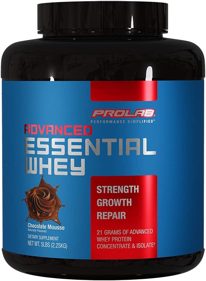 ProLab Advanced Essential Whey Protein Powder, 21g Protein, Whey Concentrate & Isolate Blend mit BCAAs & Digestive Enzyme für Muskelunterstützung & Recovery (Chocolate Mousse, 5 LB)