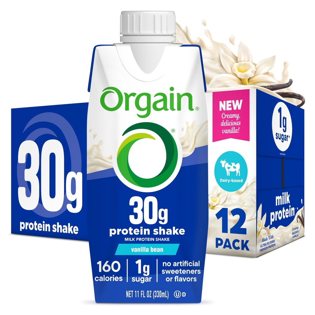 Orgain 30g High Protein Shake, Dairy Isolate Milk Protein, Vanilla Bean, 5g BCAAs, 1g Zucker pro Servierung, Meal Ersatz, bereit zu trinken, Keto Friendly, Gluten-Free 11 Fl Oz (Pack von 12)