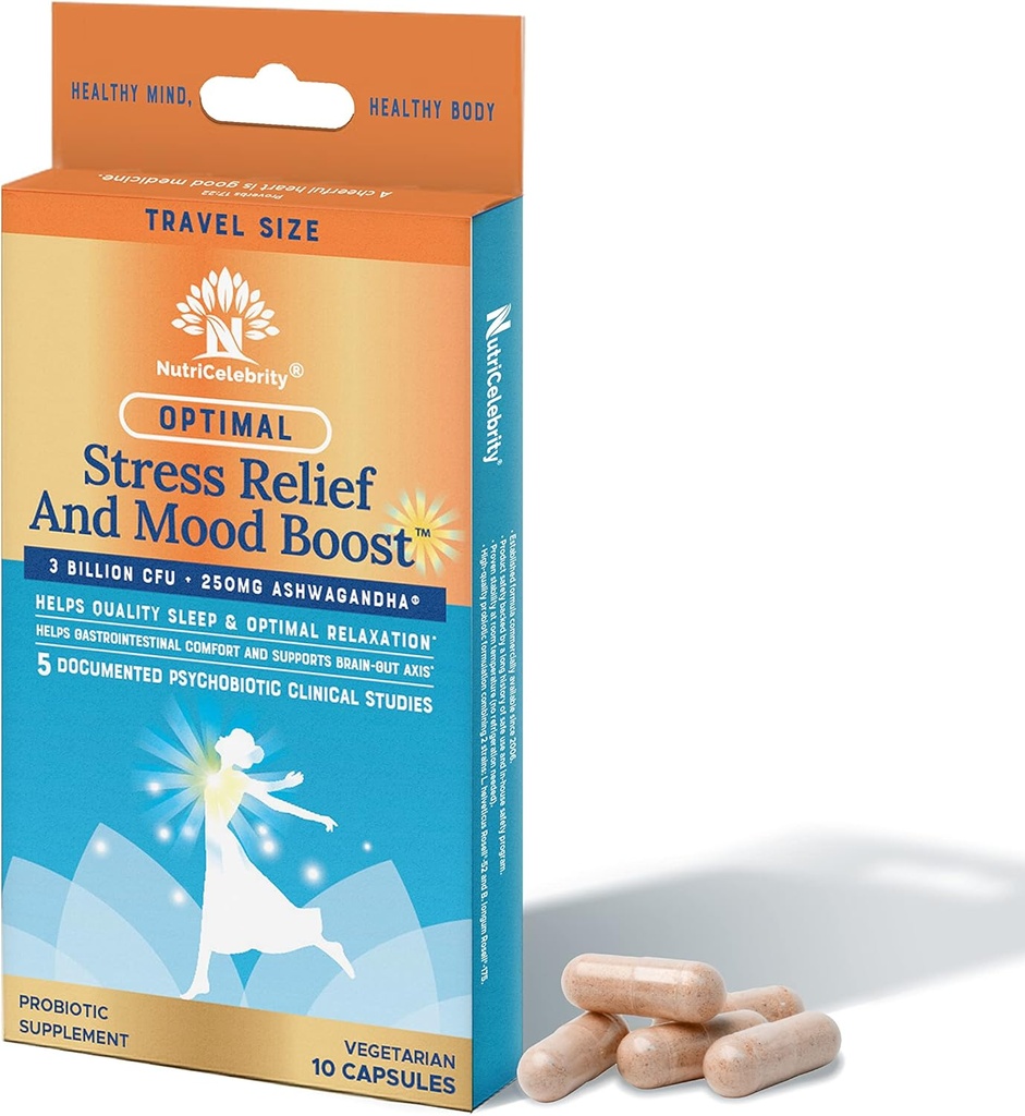 NutriCelebrity Optimale Stress Relief und Mood Boost Supplement Reisegröße, hilft Erholung Schlaf, Entspannung,10 Gemüse Kapseln