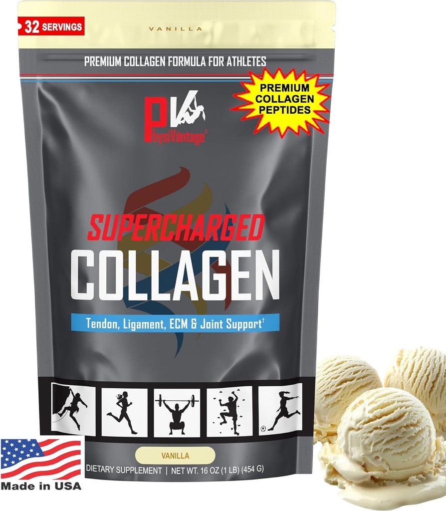 PhysiVantage Supercharged Collagen Peptides Powder - hydrolysiertes Collagen für Gelenk, Tendon, Ligament, & Skin Health Support - Vanille, Keto, Paleo, 16oz | Verbessert mit Vitamin C, BCAAs, Grass-Fed