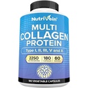 Nutrivein Premium Multi Collagen Pillen 2250 mg - 180 Easy-to-Swallow Collagen Kapseln: Typ I, II, III, V, X Hydrolyzed Protein Peptide für Frauen und Männer - Aging, Gelenke, Haar, Haut, Knochen, & Nails
