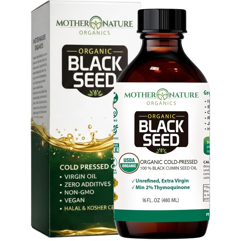 Mutter Natur USDA Organic Black Seed Oil – Kalt gepresst, Unrefined & Vegan Nigella Sativa, High Thymoquinone (2%+), Omega 3 6 9 für Immun-, Gelenk- und Herzunterstützung, Haar- & Haut, Non-GMO, 16oz