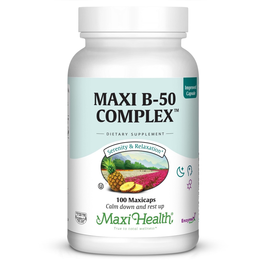 Maxi Health Vitamin B Complex – High Potency B Complex Vitamins B-50 mit B1, B2, B3, B6, B12, Biotin & Folate – Unterstützung Cellular Energy & Mental Clarity – Kosher – 100 Kapseln