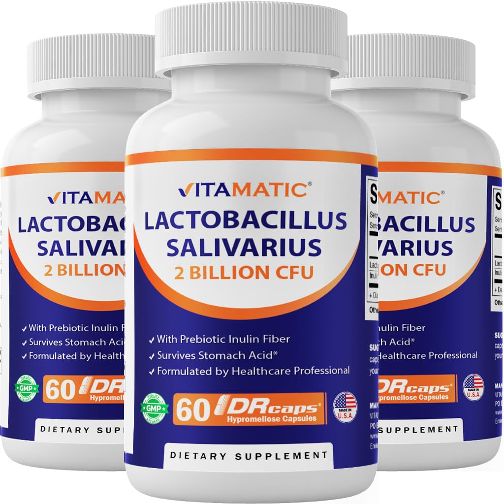 Vitamatic Lactobacillus Salivarius 2 Billion pro DR Kapsel - 60 Count - Verdauungsunterstützung - Hergestellt mit Prebiotic Inulin Fiber (3 Flaschen)