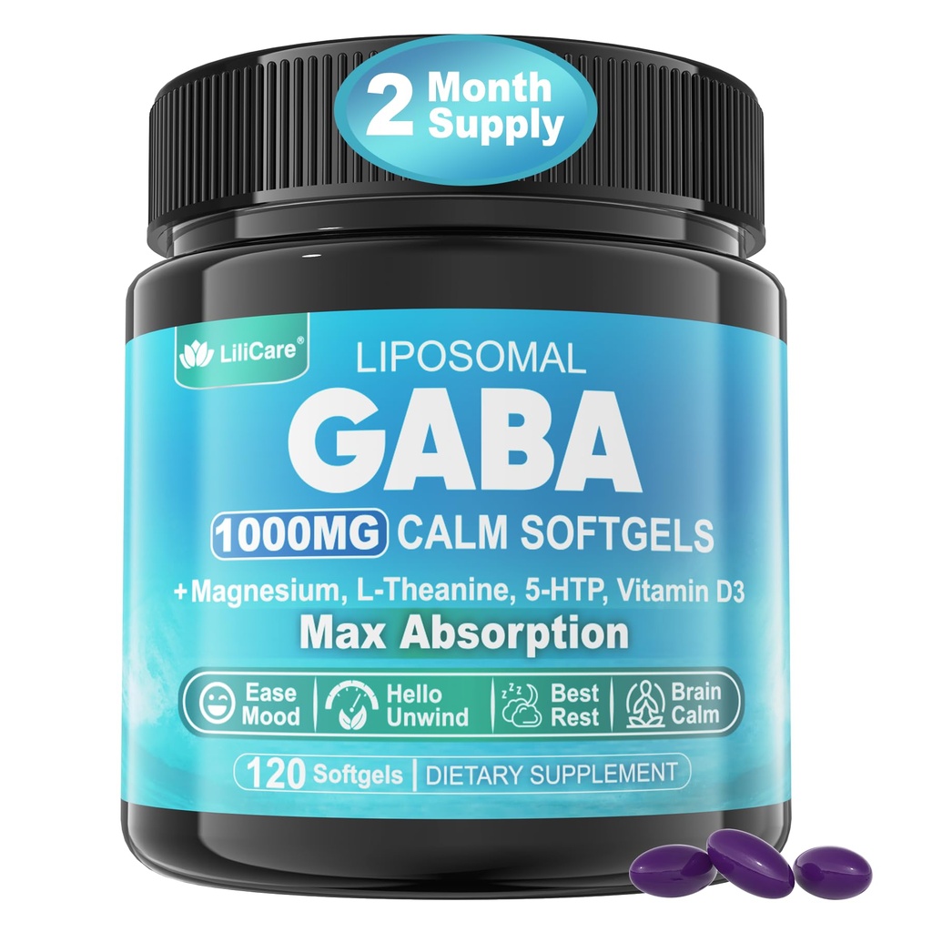 GABA-Ergänzung - 1000 mg Liposomale Form für optimale Absorption, GABA mit L-Theanin, Magnesium Glycinat, 5HTP, Vitamin D3 für Kalorien, Entspannung, Stimmung, Restful Night - Melatonin-Free 120 Softgels.