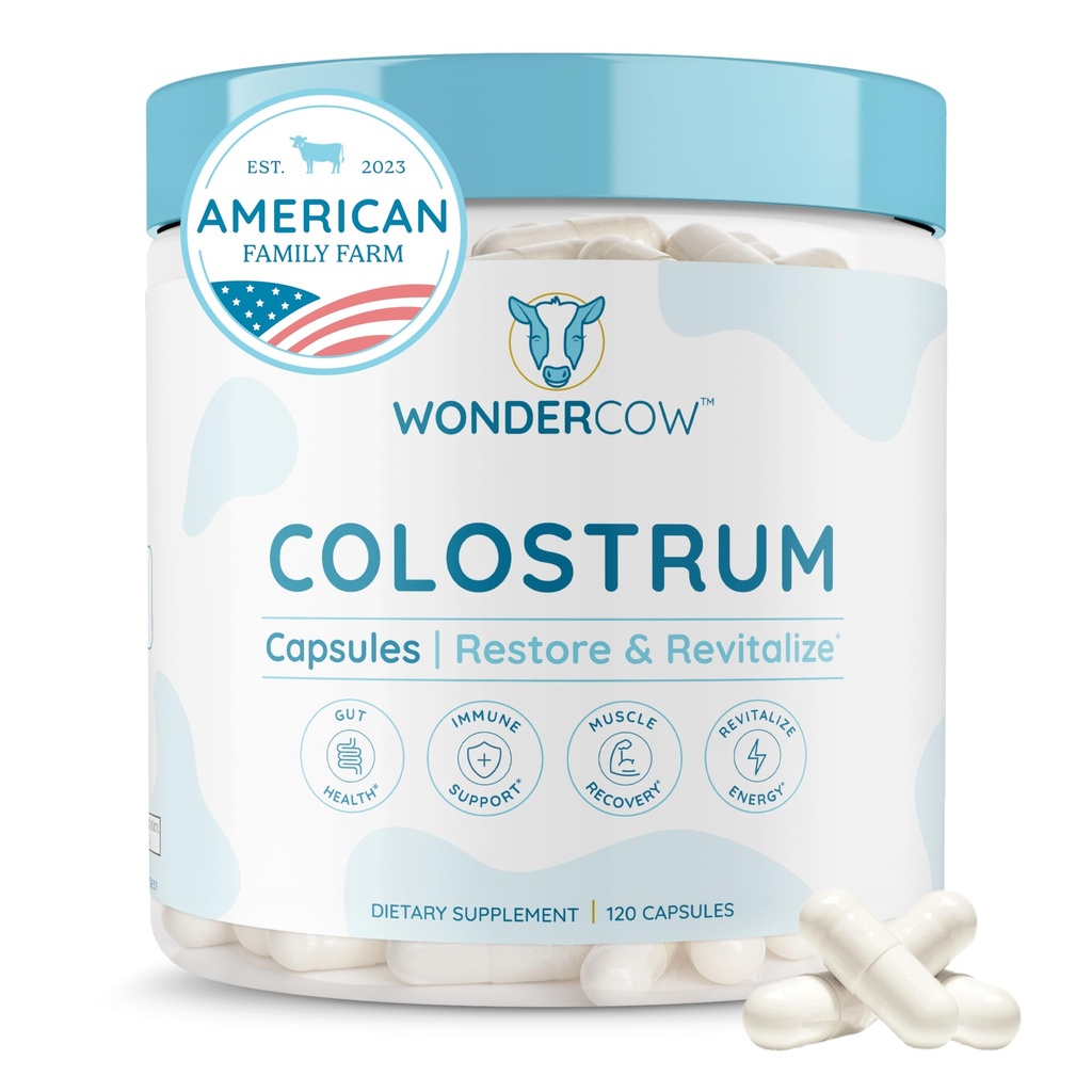 WONDERCOW Colostrum Kapseln Ergänzung für Gut Gesundheit, Immununterstützung, Muskel Erholung & Wellness | Natürliche IgG reine ganze Bovine Colostrum Superfood, Unflavored, 30 Portionen