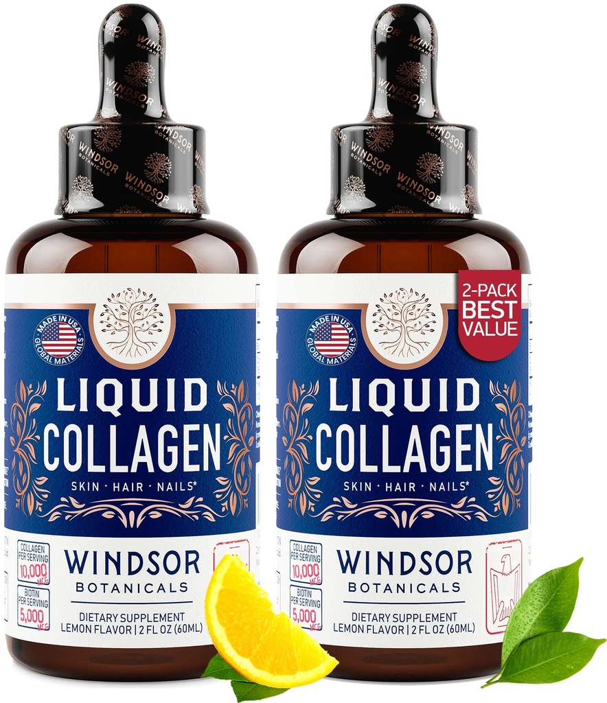WINDSOR BOTANICALS Flüssiges Kollagen für Frauen und Männer - Haar, Haut, Nägel Vitamine - Lemon Flavor Collagen Peptides Haarwachstumsgetränk - 5.000mcg Biotin, 10.000mcg - US Made - 2x2oz