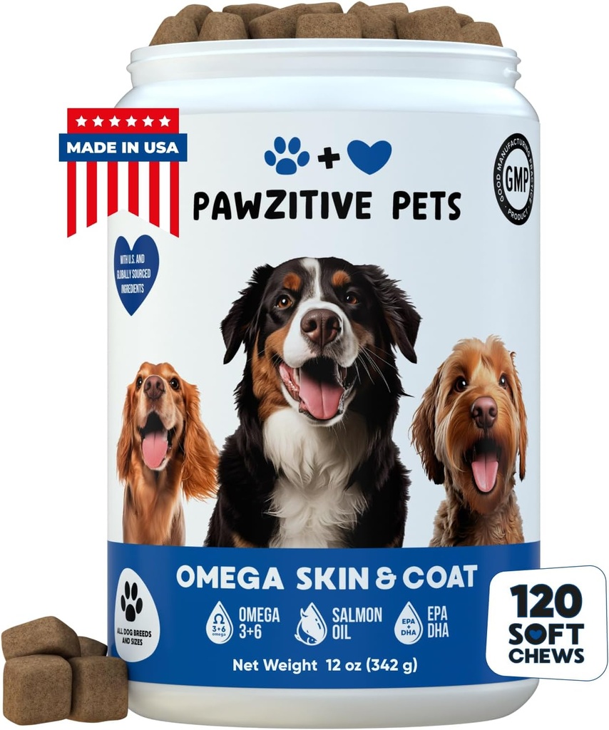 Chews für Hunde, Omega 3 Fischöl - Hundemantel & Skin Supplement - USA Produkt - Itch Relief, Hot Spot Behandlung - Lachsöl für Hunde - 120 Weiche Bäume - Juckreiz Skin Relief, Shedding, Hip & Joint