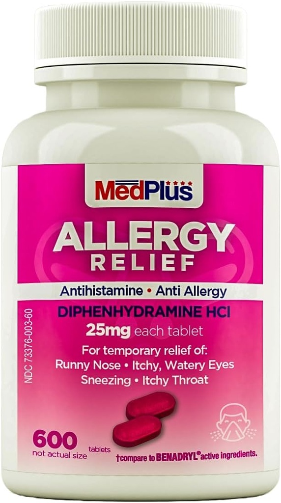 MedPlus Allergy Relief Medicine, 25 mg, 600 Tablets | Diphenhydramine Hcl | Antihistamine | Relief for Indoor & Outdoor Allergies, Pink