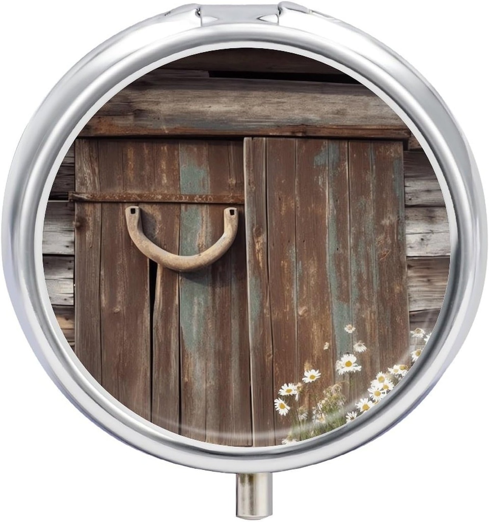 Runde Metall Pille Box,Rustic Horseshoe Barn Holz gedruckt Reise Pille Organizer Portable Pille Container kleine Pille Box für Geldbeutel und Tasche zum Speichern von Vitaminen, Medizin und Nahrungsergänzungen