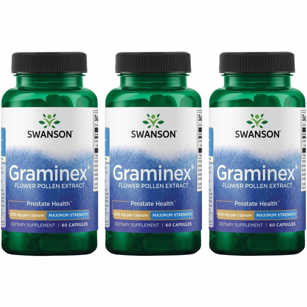 Swanson Maximum Strength Graminex Flower Pollen Extract - Unterstützt Prostata Gesundheit, Urinary Tract Function & Kidneys - Mens Health Supplement - (60 Kapseln, 500mg Jeder) (3 Packung)