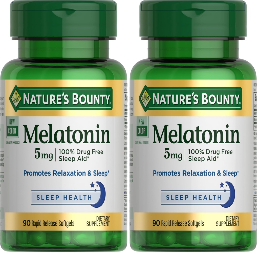 Nature's Bounty Melatonin, 100% Drug Free Sleep Aid, Nahrungsergänzung, fördert Entspannung und Schlaf Gesundheit, 5mg, 90 Softgels (Pack von 2)