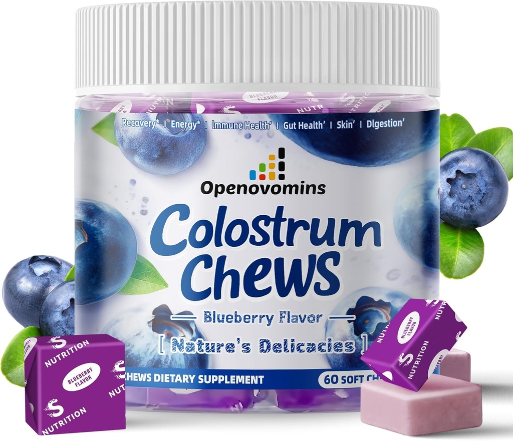 Bovine Colostrum Soft Chews Supplement mit Probiotika für Gut Health, Bloating, Immununterstützung, Haut, Haarwachstum und Schönheit - Blueberry Flavor (60 Servietten)