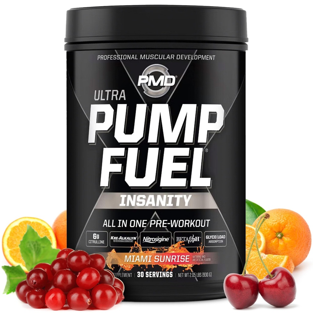 PMD Sports Pump Fuel Ultra Insanity - Premium Pre Workout Powder & Muskelpumpe, Großer Fokus, Endurance & Recovery, Premium Creatine, Arginine & Beta Alanine - Miami Sunrise (30 Portionen)
