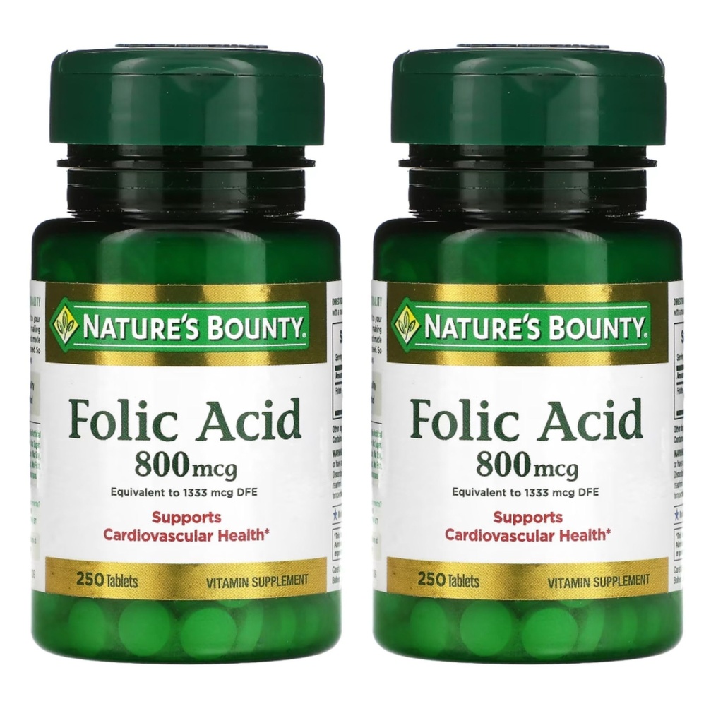 Nature's Bounty Folic Acid 800 mcg Vitamin Supplement Maximale Stärke - 250 Tabletten, Paket von 2