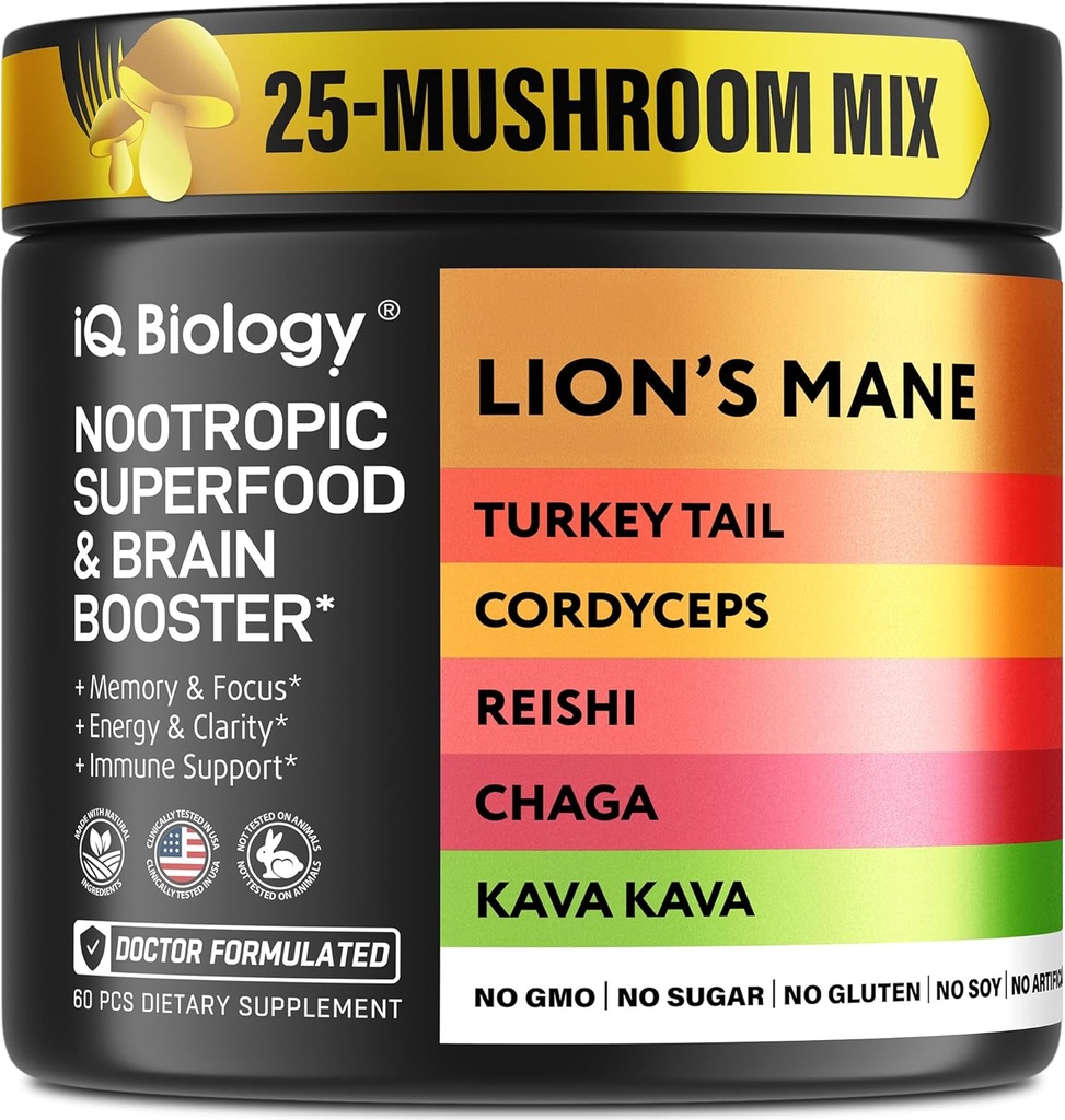 Kava Kava Root Cordyceps Lions Mane Reishi Mushroom Supplement, Nootropic Mushrooms Kapseln Kava Kava Extrakt, Pilz Vitamine für Frauen, Ashwagandha, Magnesium - 60 Caps (1 Packung)