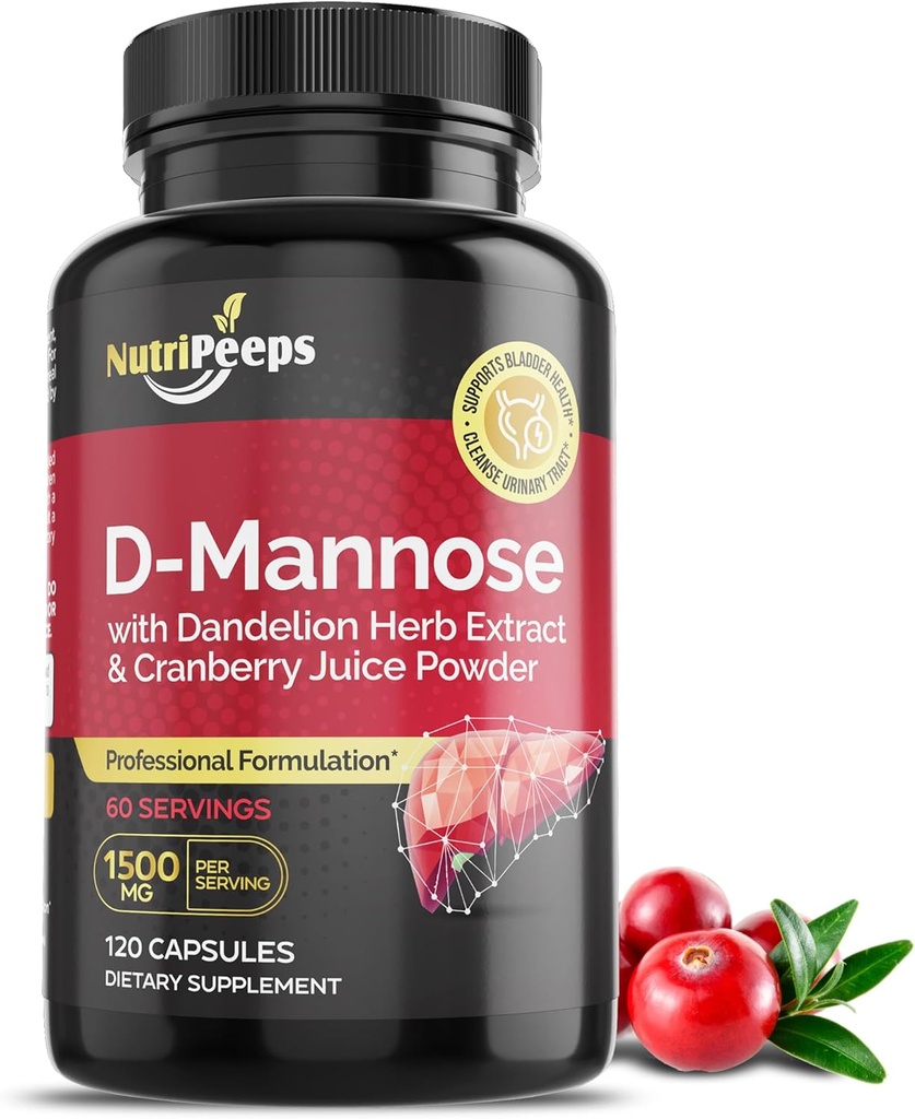 D-Mannose 1500mg, 120 Kapseln mit Dandelion Kräuter- und Cranberry-Extrakten, Natural Urinary Tract Cleanse für UTI-Support, Flushing und Detoxing von Verunreinigungen, für Männer und Frauen.