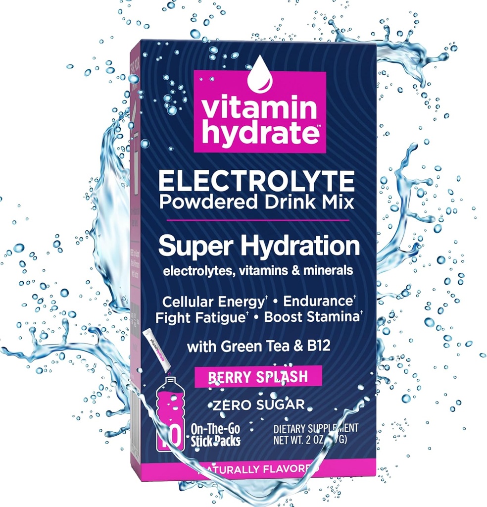 Vitamin Hydrate Elektrolyt-Pulver-Getränk-Mix, Super Hydration, Boost Stamina & Fights Fatigue, Brennen mit Elektrolyten, Vitamine & Minerals, 0 Zucker, Berry Splash, 10 Stick Packs