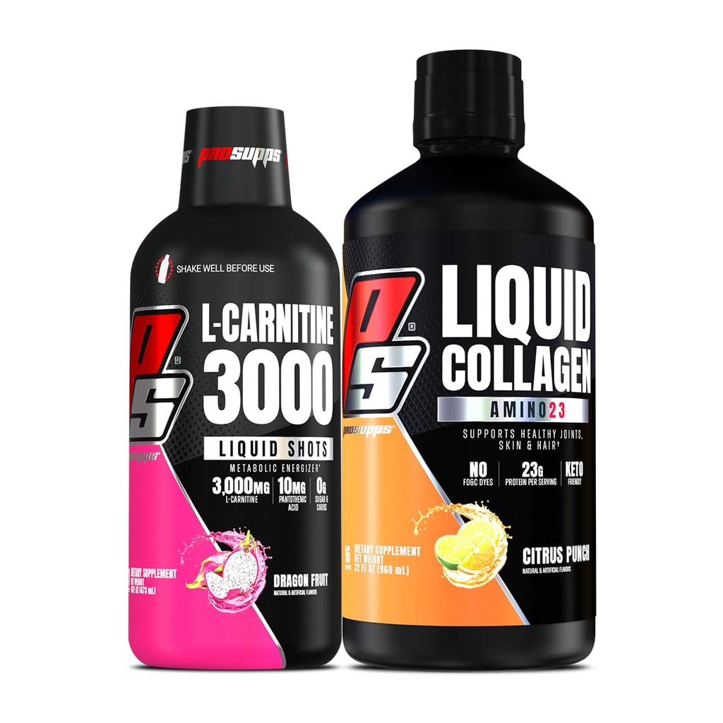 PROSUPPS L-Carnitine 3000 Stimulant Free Liquid Shots (Dragon Fruit) Amino23 Liquid Collagen Shots (Citrus Punch) Bundle