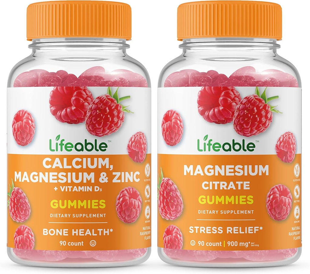 Lebensfähiges Kalzium, Magnesium, Zink & Vitamin D + Magnesium, Gummis Bundle - Große Verkostung, Vitaminergänzung, Glutenfrei, GVOfrei, Kaugummi