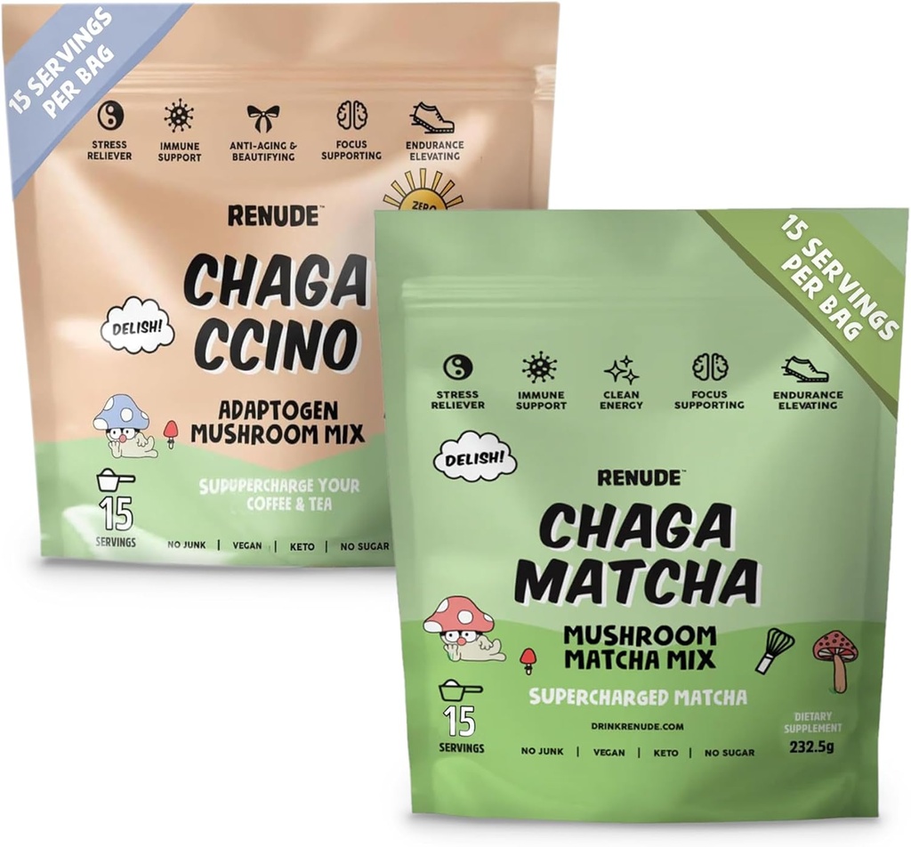 Renude Chaga Matcha and Chagaccino - Chaga Mushroom Powder for Coffee and Matcha, Mushroom Drink Mix with Adaptogens, Natural Energy and Immune Support, Vegan, Keto - 15 Servings Each