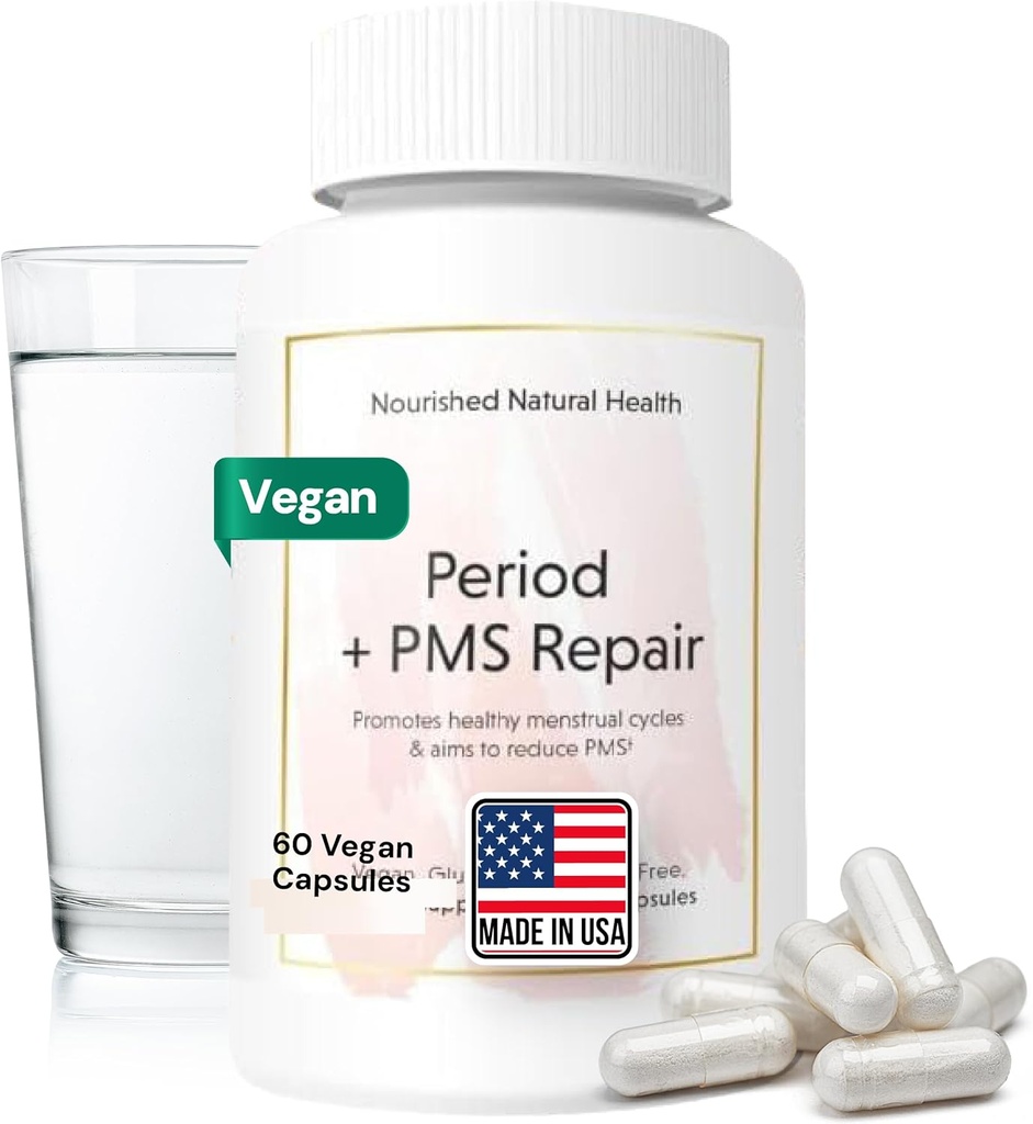 Nourished Period + PMS Repair - Menstrual Cycle Support Supplement für Damen - Vegan Formel für Monatliche Zyklen, Cramping, Mood, Kopfschmerzen - 60 Kapseln