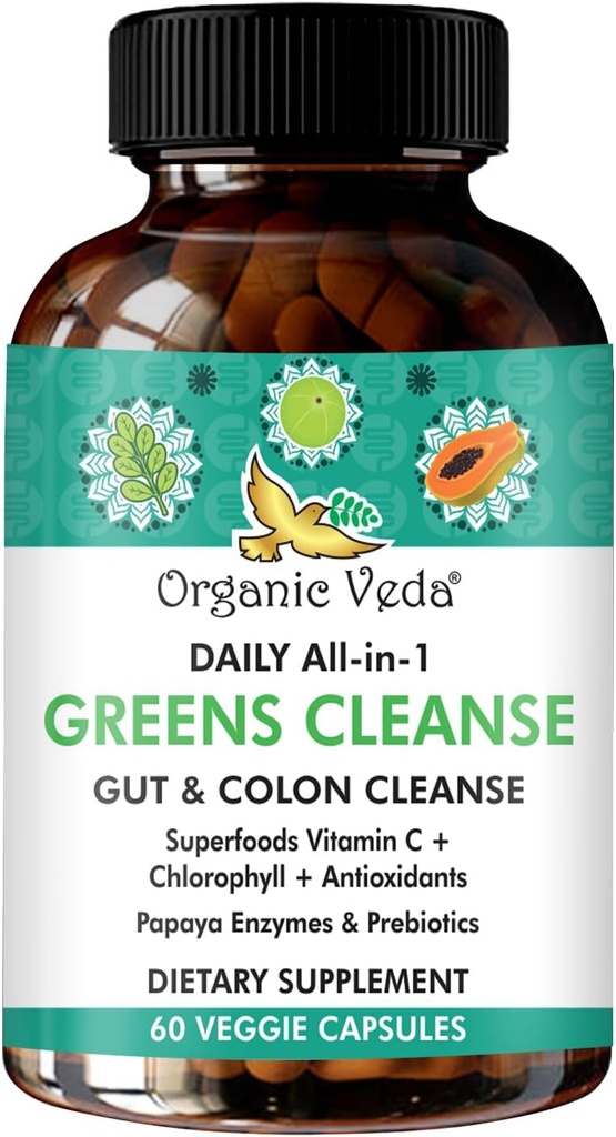Super Greens Total Gut Health, Digestion & Colon Cleanse Supplement - All in One Organic Superfoods, Turmeric, Papaya, Chlorophyll, Moringa, Psyllium Husk, Triphala, Verdauungsenzyme – 60 Kapseln
