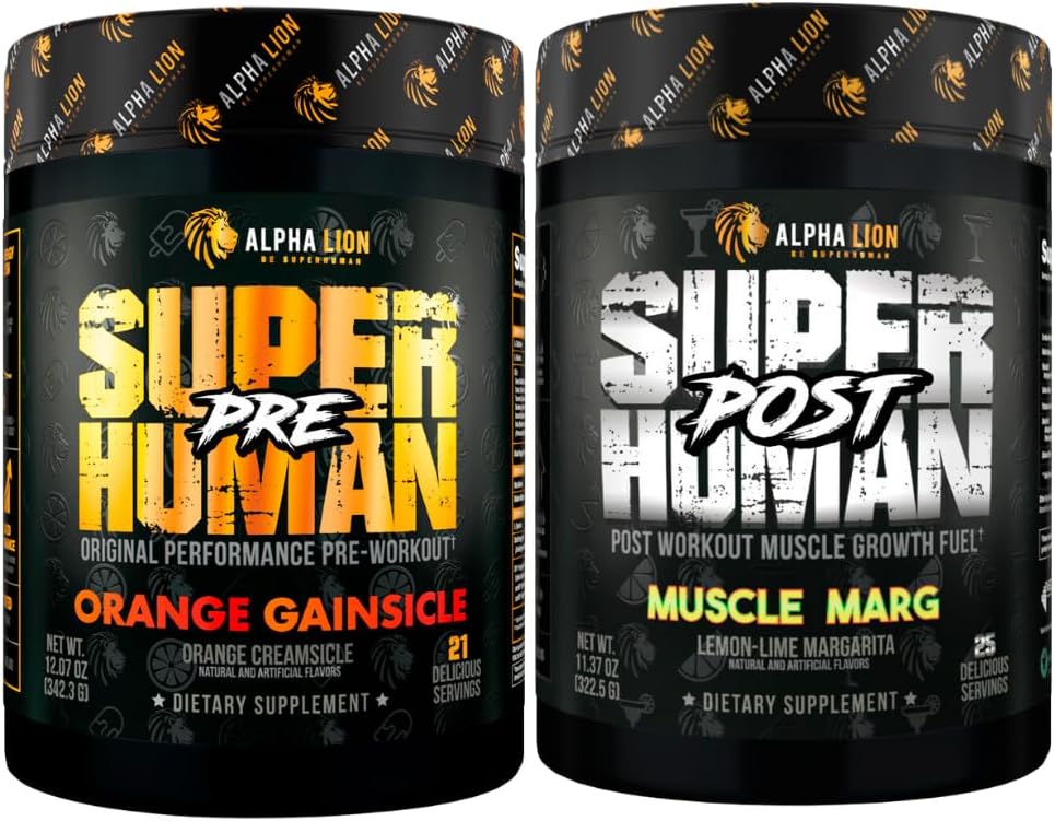 ALPHA LION Superhuman Pre Workout Powder & Post Workout Recovery Bundle, Sustained Energy & Focus + Lean Muskelwachstum, Stärke & Volumen (Hulk Juice & Gainy Smith Apple)