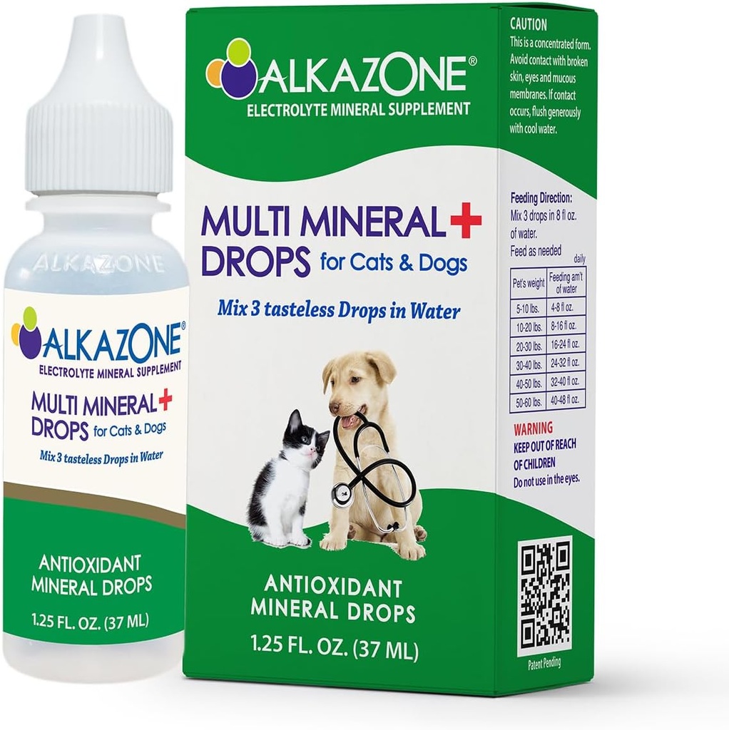 Alkazone Alkaline Multi Mineral Drops für Katzen und Hunde - Tiere sind natürlich entwickelt, um mehr Alkaline als Säure. Ihre Körper können von der Verwendung von Alkaliwasser für Haustiere mit Mineralien profitieren