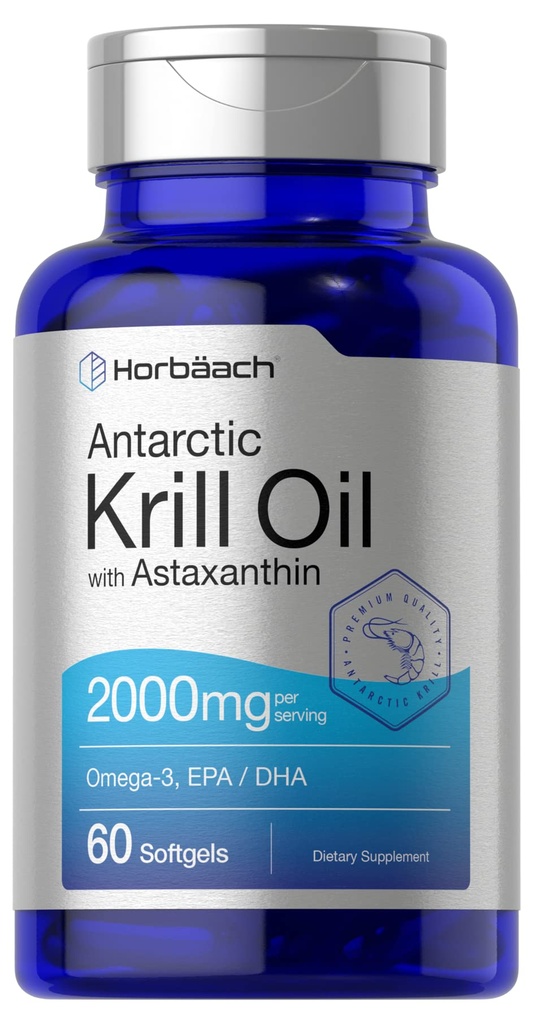 Horbäach Antarktis Krill Öl 2000mg | 60 Softgel Kapseln | Omega-3, EPA, DHA Ergänzung | mit Astaxanthin | Non-GMO, Glutenfrei