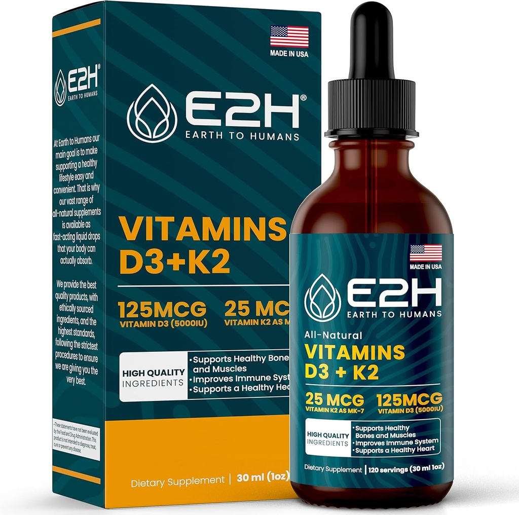 E2H Vitamine D3 & K2 Nahrungsergänzungsmittel für Immununterstützung - Flüssiges Vitamin D3 5000 IU - Hergestellt in den USA - Non-GMO, Vegan - 120 Portionen