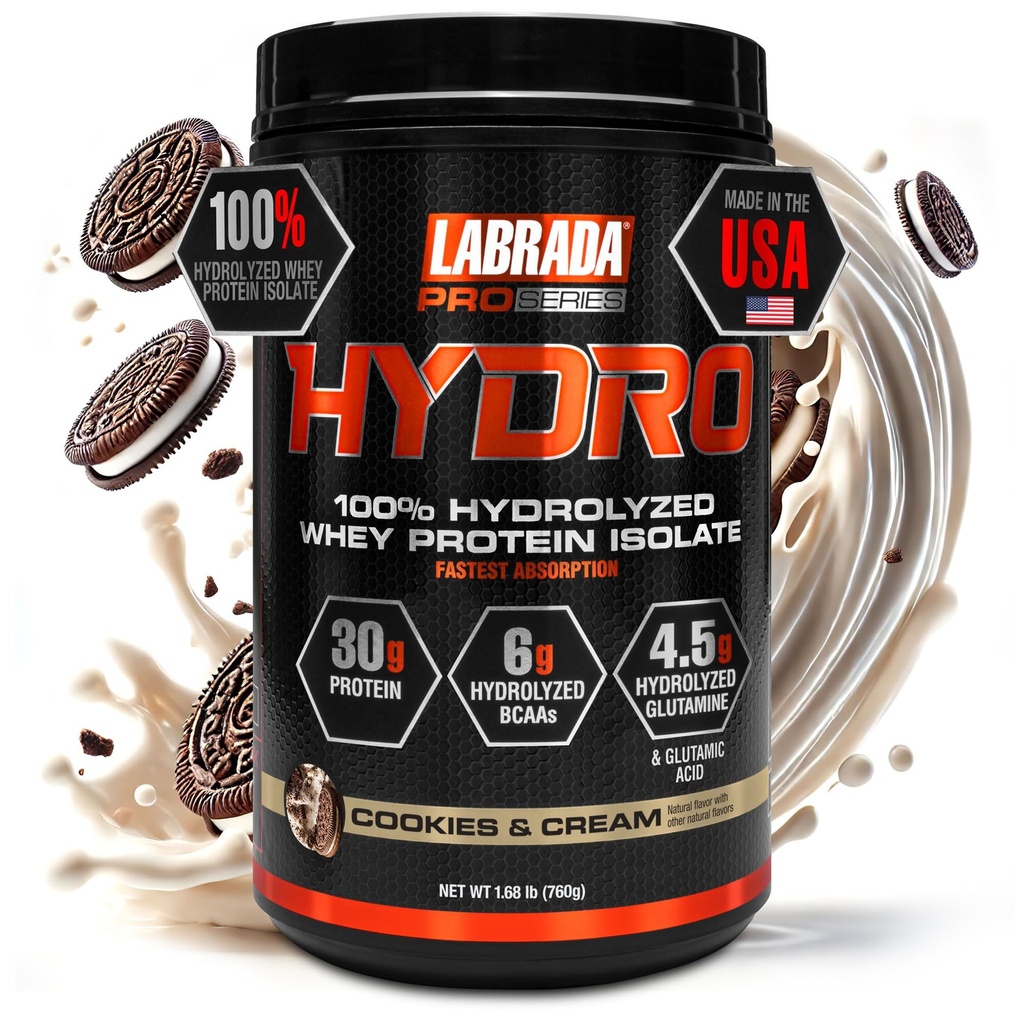 Labrada Hydro 100% reines hydrolysiertes Whey Protein Isolate Pulver, Lactosefrei, 6g BCAA’s, 4.5g Glutamin, Schnellstes Digesting Whey Verfügbar, Instant Mixing, Delicious Taste 20 Servings (Cookies & Cream)