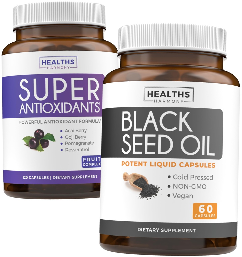 Antioxidantien & Schwarzes Seedöl (1-Monat-Versorgung) Super Antioxidante Ergänzung mit Acai Berry, Goji Berry, Granatapfel & Trans Resveratrol (120 Kapseln) & Schwarzes Seedöl (Non-GMO & Vegan) 60 Kapseln