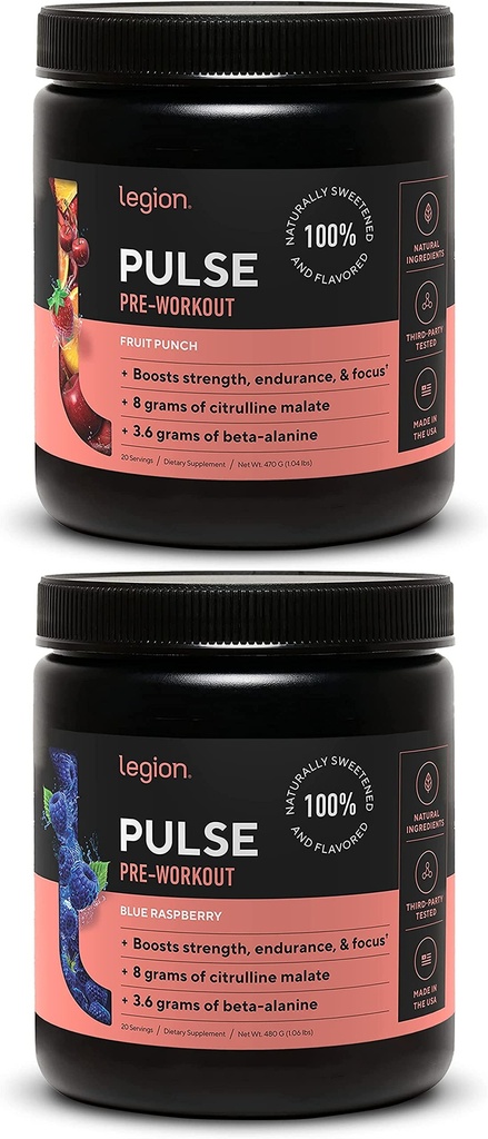LEGION Pulse Pre Workout Supplement - Alle natürlichen Stickstoffoxyd Preworkout Trinken, um Energie zu steigern, Kreatin frei, natürlich gesüßt, Beta Alanine, Citrulline, Alpha GPC (Fruit Punch & Blue Raspberry)