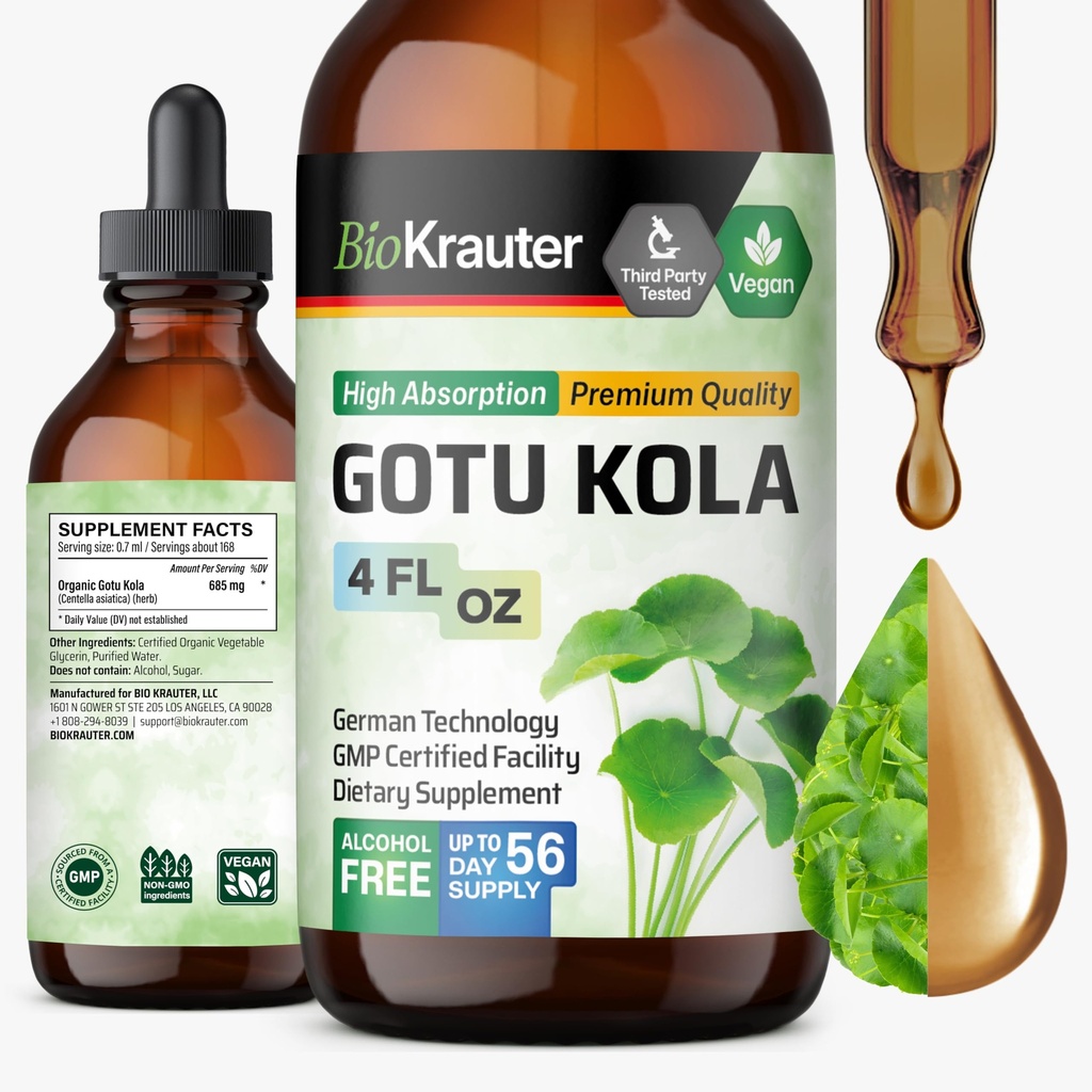 BIO KRAUTER Gotu Kola Tincture - Centella Asiatica Extract - Alkohol und Zucker Free Gotu Kola Extract - Vegan Drops 4 Fl.Oz.
