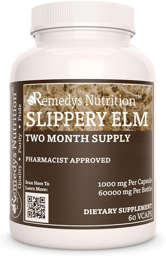 Remedys Ernährung Slippery Elm Bark | 1.000 mg, 60 Vegan Kapseln pflanzliche Nahrungsergänzung | Zwei Monate Versorgung