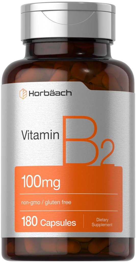 Horbäach Vitamin B2 100mg | 180 Kapseln | Riboflavin Ergänzung | Non-GMO & Gluten kostenlos